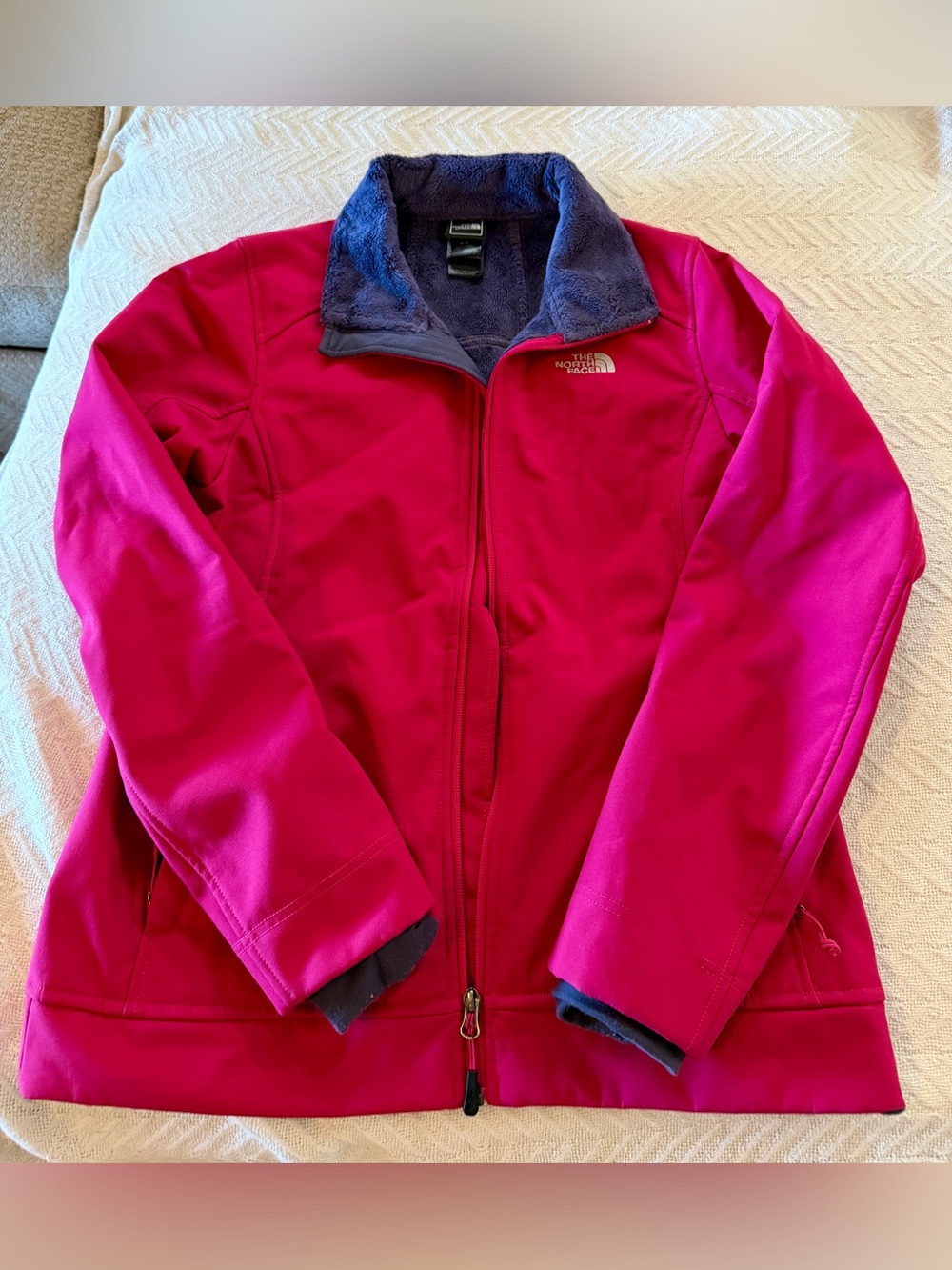 The North Face Pink Soft Shell Jacket with Navy Fleece Collar
